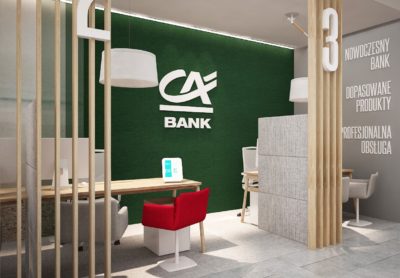 Credit Agricole – koncept sieci placówek banku, projekty wnętrz banków
